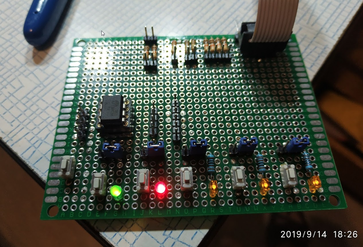 Prototyping board appearance, the jumpers are set in the 'LED' mode
